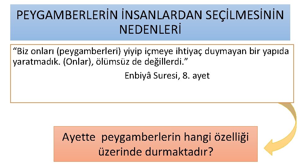 PEYGAMBERLERİN İNSANLARDAN SEÇİLMESİNİN NEDENLERİ “Biz onları (peygamberleri) yiyip içmeye ihtiyaç duymayan bir yapıda yaratmadık.