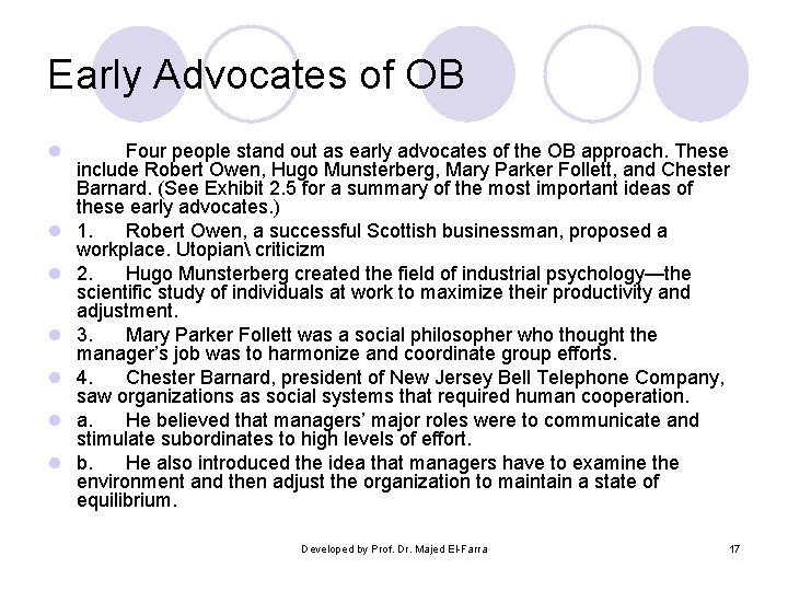 Early Advocates of OB l l l l Four people stand out as early Early Advocates of OB l l l l Four people stand out as early