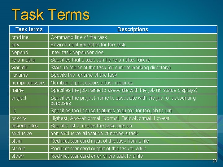 Task Terms Task terms Descriptions cmdline env Command line of the task Environment variables