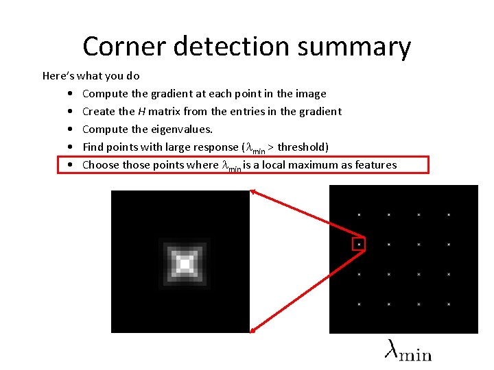 Corner detection summary Here’s what you do • Compute the gradient at each point Corner detection summary Here’s what you do • Compute the gradient at each point