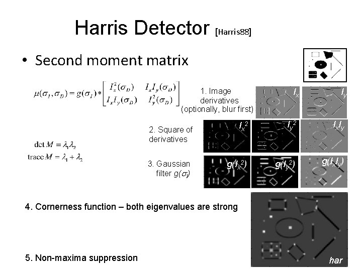 Harris Detector [Harris 88] • Second moment matrix 1. Image derivatives (optionally, blur first)