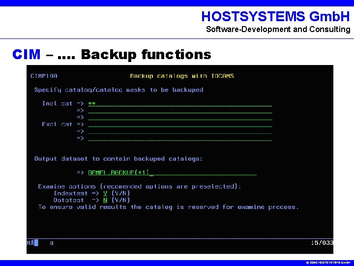 HOSTSYSTEMS Gmb. H Software-Development and Consulting CIM –. . Backup functions © 2002 HOSTSYSTEMS