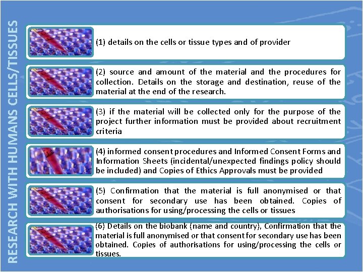 RESEARCH WITH HUMANS CELLS/TISSUES (1) details on the cells or tissue types and of