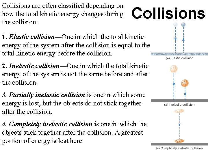 Collisions are often classified depending on how the total kinetic energy changes during the
