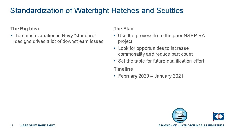 Standardization of Watertight Hatches and Scuttles The Big Idea • Too much variation in