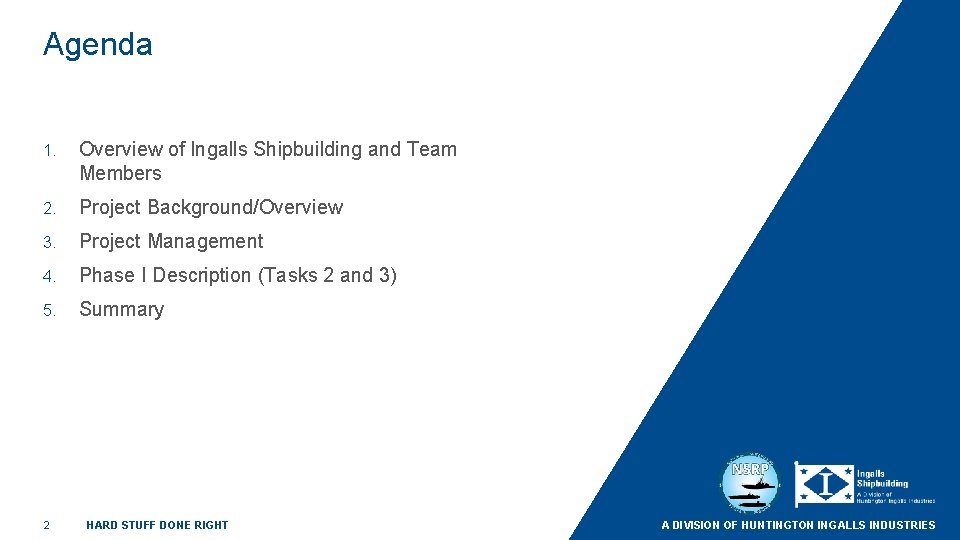 Agenda 1. Overview of Ingalls Shipbuilding and Team Members 2. Project Background/Overview 3. Project