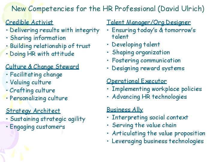 New Competencies for the HR Professional (David Ulrich) Credible Activist • Delivering results with