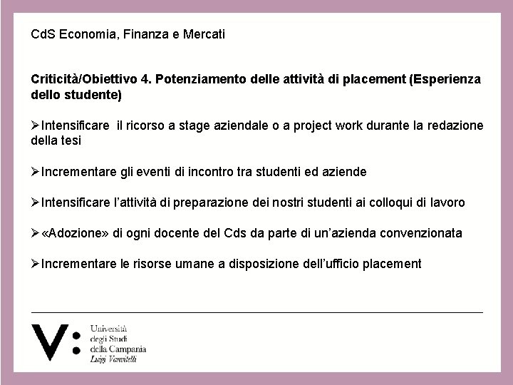 Cd. S Economia, Finanza e Mercati Criticità/Obiettivo 4. Potenziamento delle attività di placement (Esperienza Cd. S Economia, Finanza e Mercati Criticità/Obiettivo 4. Potenziamento delle attività di placement (Esperienza