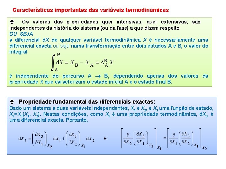 Características importantes das variáveis termodinâmicas Os valores das propriedades quer intensivas, quer extensivas, são