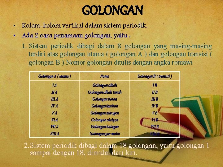 GOLONGAN • Kolom-kolom vertikal dalam sistem periodik. • Ada 2 cara penamaan golongan, yaitu