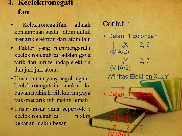 4. Keelektronegati fan • Kelektronegatifan adalah kemampuan suatu atom untuk menarik elektron dari atom