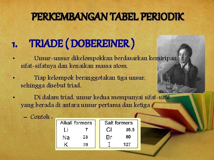 PERKEMBANGAN TABEL PERIODIK 1. TRIADE ( DOBEREINER ) • Unsur-unsur dikelompokkan berdasarkan kemiripan sifat-sifatnya