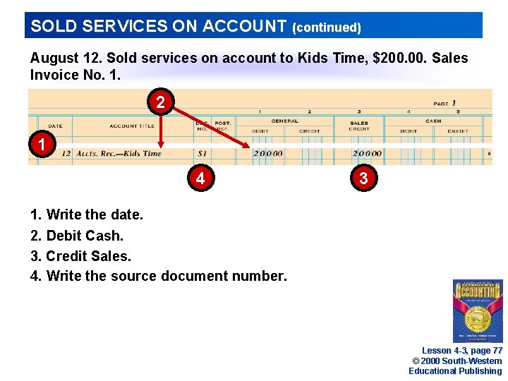 SOLD SERVICES ON ACCOUNT (continued) August 12. Sold services on account to Kids Time,