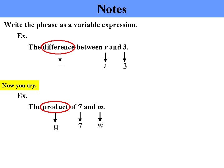 Notes Write the phrase as a variable expression. Ex. The difference between r and