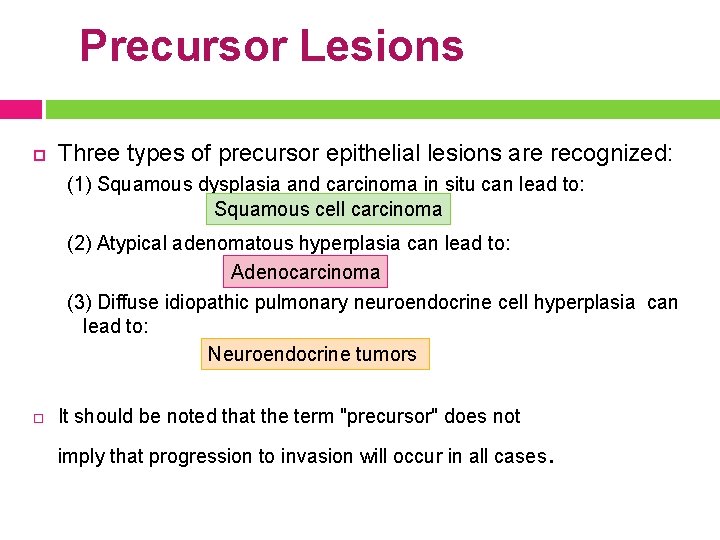 Precursor Lesions Three types of precursor epithelial lesions are recognized: (1) Squamous dysplasia and