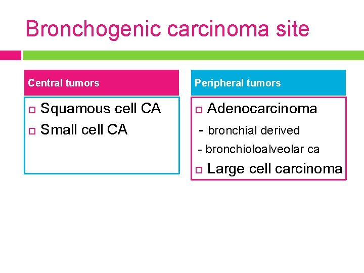 Bronchogenic carcinoma site Central tumors Squamous cell CA Small cell CA Peripheral tumors Adenocarcinoma