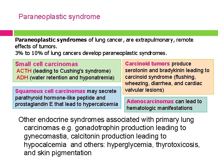 Paraneoplastic syndromes of lung cancer, are extrapulmonary, remote effects of tumors. 3% to 10%
