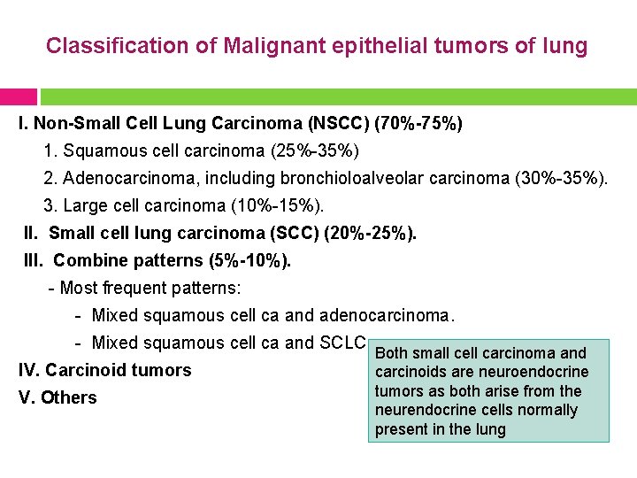 Classification of Malignant epithelial tumors of lung I. Non-Small Cell Lung Carcinoma (NSCC) (70%-75%)