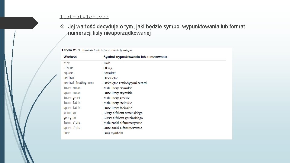 list-style-type Jej wartość decyduje o tym, jaki będzie symbol wypunktowania lub format numeracji listy