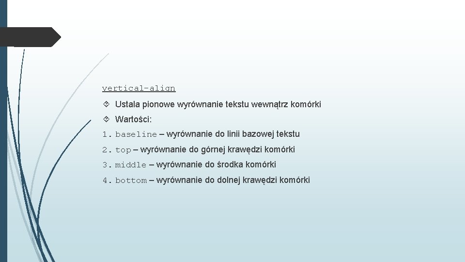 vertical-align Ustala pionowe wyrównanie tekstu wewnątrz komórki Wartości: 1. baseline – wyrównanie do linii