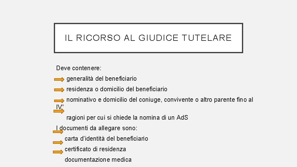 IL RICORSO AL GIUDICE TUTELARE Deve contenere: generalità del beneficiario residenza o domicilio del