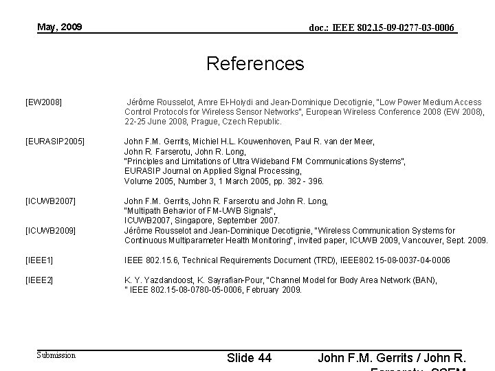 May, 2009 doc. : IEEE 802. 15 -09 -0277 -03 -0006 References [EW 2008]