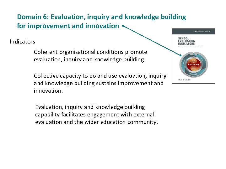 Domain 6: Evaluation, inquiry and knowledge building for improvement and innovation Indicators Coherent organisational