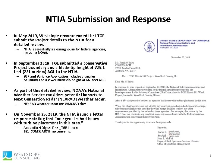 NTIA Submission and Response • In May 2019, Westslope recommended that TGE submit the NTIA Submission and Response • In May 2019, Westslope recommended that TGE submit the