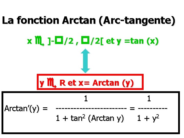 La fonction Arctan (Arc-tangente) x ]- /2 , /2[ et y =tan (x) y