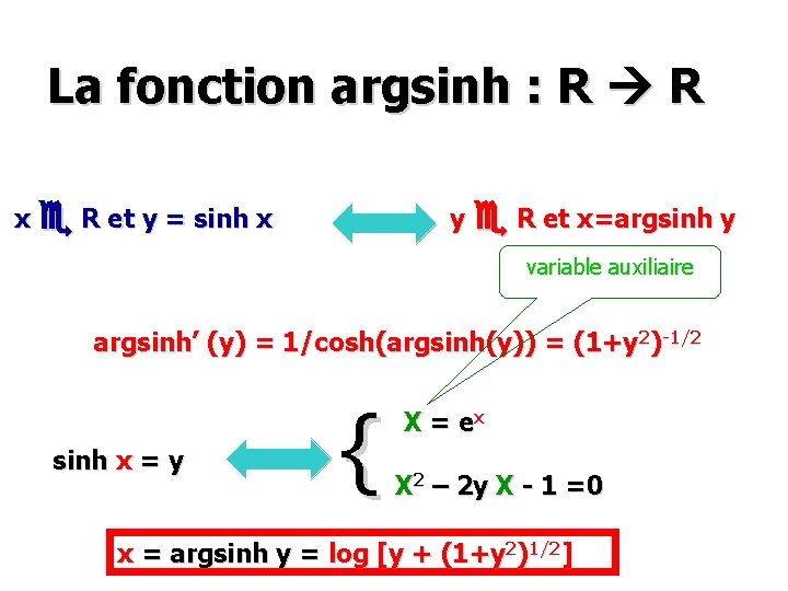 La fonction argsinh : R R x R et y = sinh x y