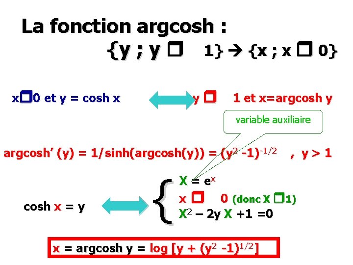 La fonction argcosh : {y ; y 1} {x ; x 0} x 0