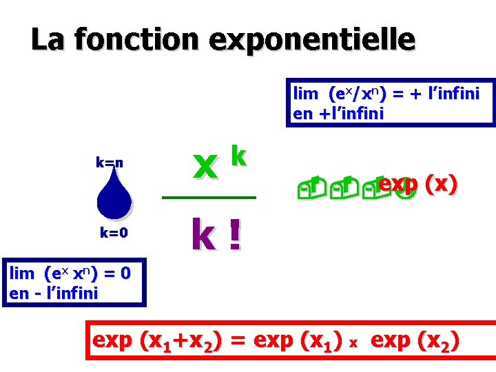 La fonction exponentielle lim (ex/xn) = + l’infini en +l’infini k=n k x k=0