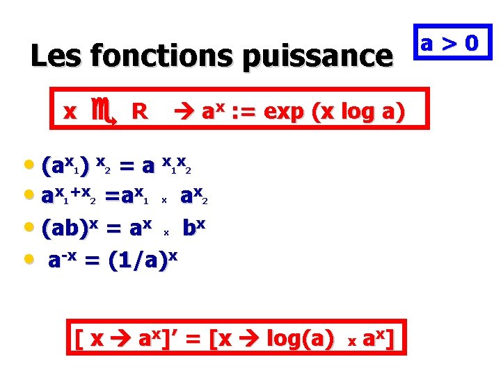 Les fonctions puissance x R ax : = exp (x log a) • (ax