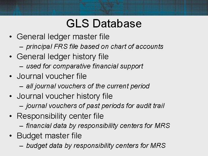 GLS Database • General ledger master file – principal FRS file based on chart