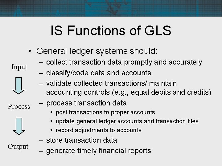 IS Functions of GLS • General ledger systems should: Input Process Output – collect