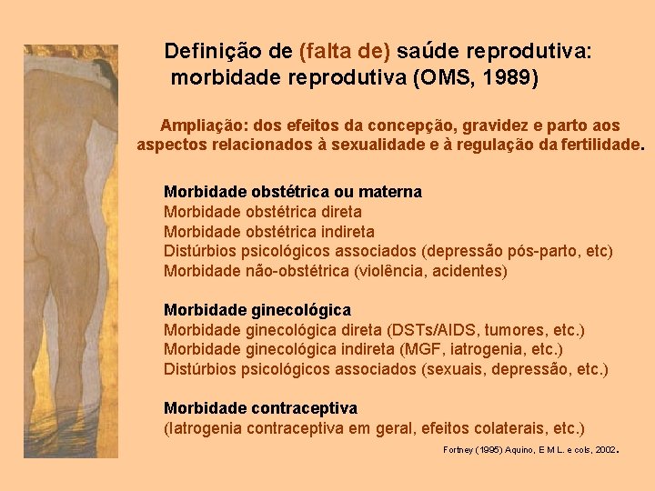 Definição de (falta de) saúde reprodutiva: morbidade reprodutiva (OMS, 1989) Ampliação: dos efeitos da