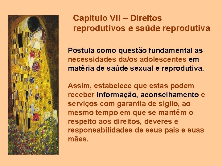 Capítulo VII – Direitos reprodutivos e saúde reprodutiva Postula como questão fundamental as necessidades