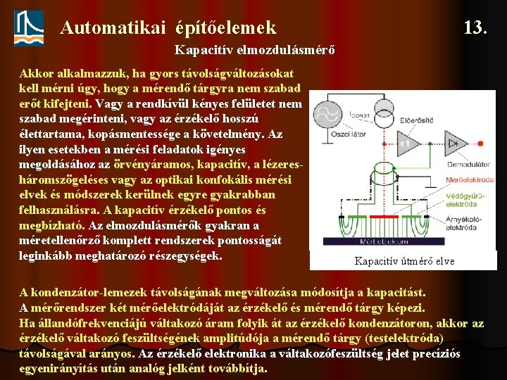 Automatikai építőelemek 13. Kapacitív elmozdulásmérő Akkor alkalmazzuk, ha gyors távolságváltozásokat kell mérni úgy, hogy