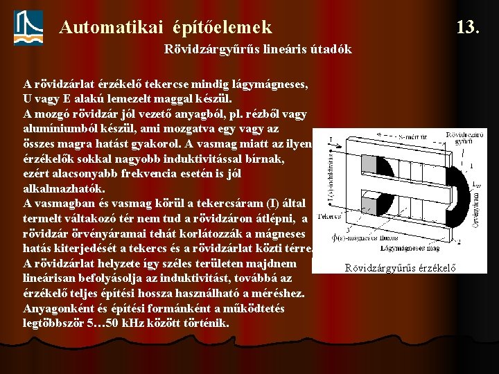 Automatikai építőelemek 13. Rövidzárgyűrűs lineáris útadók A rövidzárlat érzékelő tekercse mindig lágymágneses, U vagy