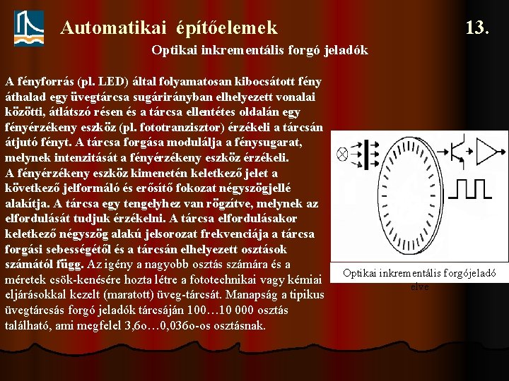 Automatikai építőelemek 13. Optikai inkrementális forgó jeladók A fényforrás (pl. LED) által folyamatosan kibocsátott