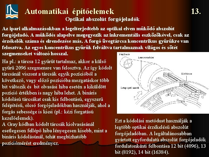 Automatikai építőelemek 13. Optikai abszolút forgójeladók Az ipari alkalmazásokban a legelterjedtebb az optikai elven