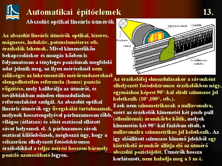 Automatikai építőelemek 13. Abszolút optikai lineáris útmérők Az abszolút lineáris útmérők optikai, lézeres, mágneses,