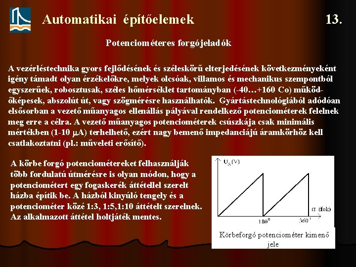 Automatikai építőelemek 13. Potenciométeres forgójeladók A vezérléstechnika gyors fejlődésének és széleskörű elterjedésének következményeként igény