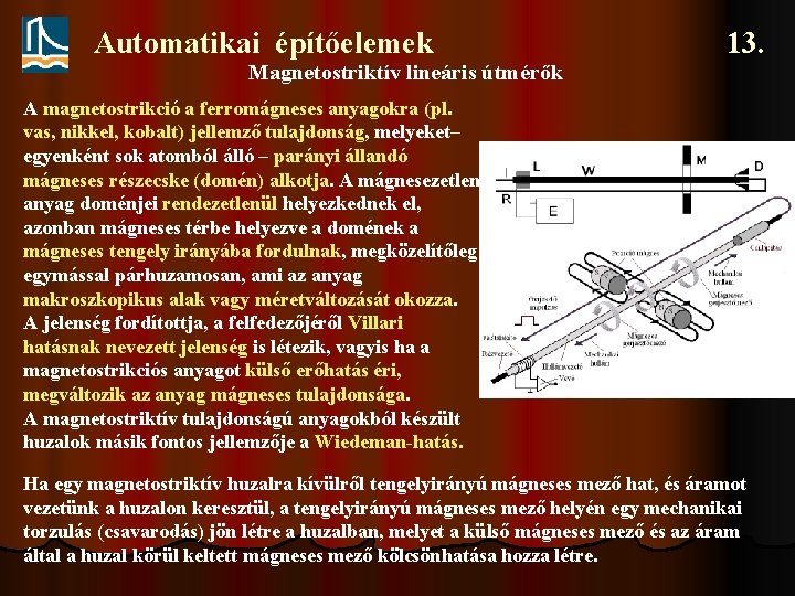 Automatikai építőelemek 13. Magnetostriktív lineáris útmérők A magnetostrikció a ferromágneses anyagokra (pl. vas, nikkel,