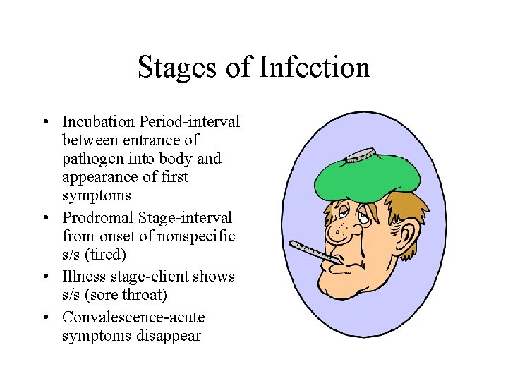 Stages of Infection • Incubation Period-interval between entrance of pathogen into body and appearance Stages of Infection • Incubation Period-interval between entrance of pathogen into body and appearance