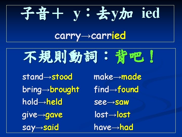 子音＋ y：去y加 ied carry→carried 不規則動詞：背吧！ stand→stood make→made bring→brought find→found hold→held see→saw give→gave lost→lost say→said