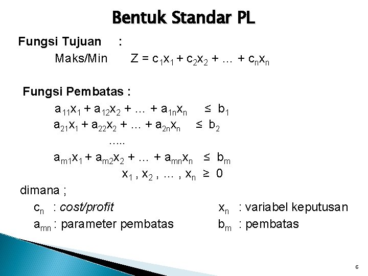 Bentuk Standar PL Fungsi Tujuan : Maks/Min Z = c 1 x 1 +