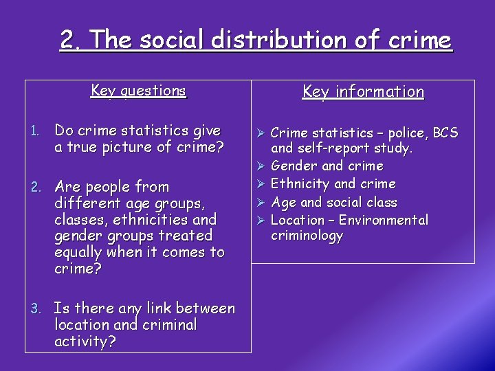 2. The social distribution of crime Key information Key questions 1. Do crime statistics