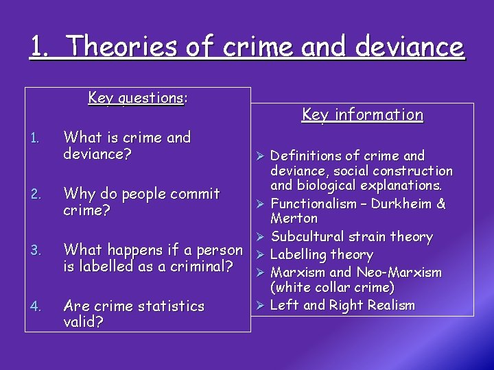 1. Theories of crime and deviance Key questions: 1. 2. 3. 4. What is