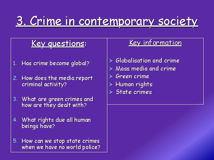 3. Crime in contemporary society Key questions: 1. Has crime become global? 2. How